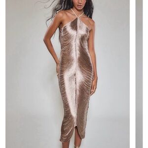 Rare London Gold Fringe Detail Halterneck Maxi Dress